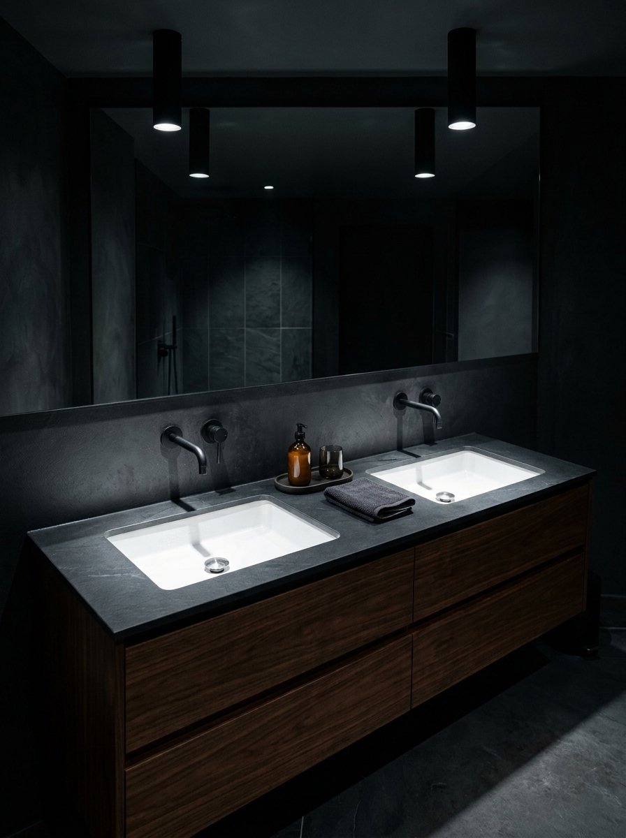 Modern dark bathroom featuring a double sink vanity, wall-mounted faucets, and black cylindrical ceiling lighting.