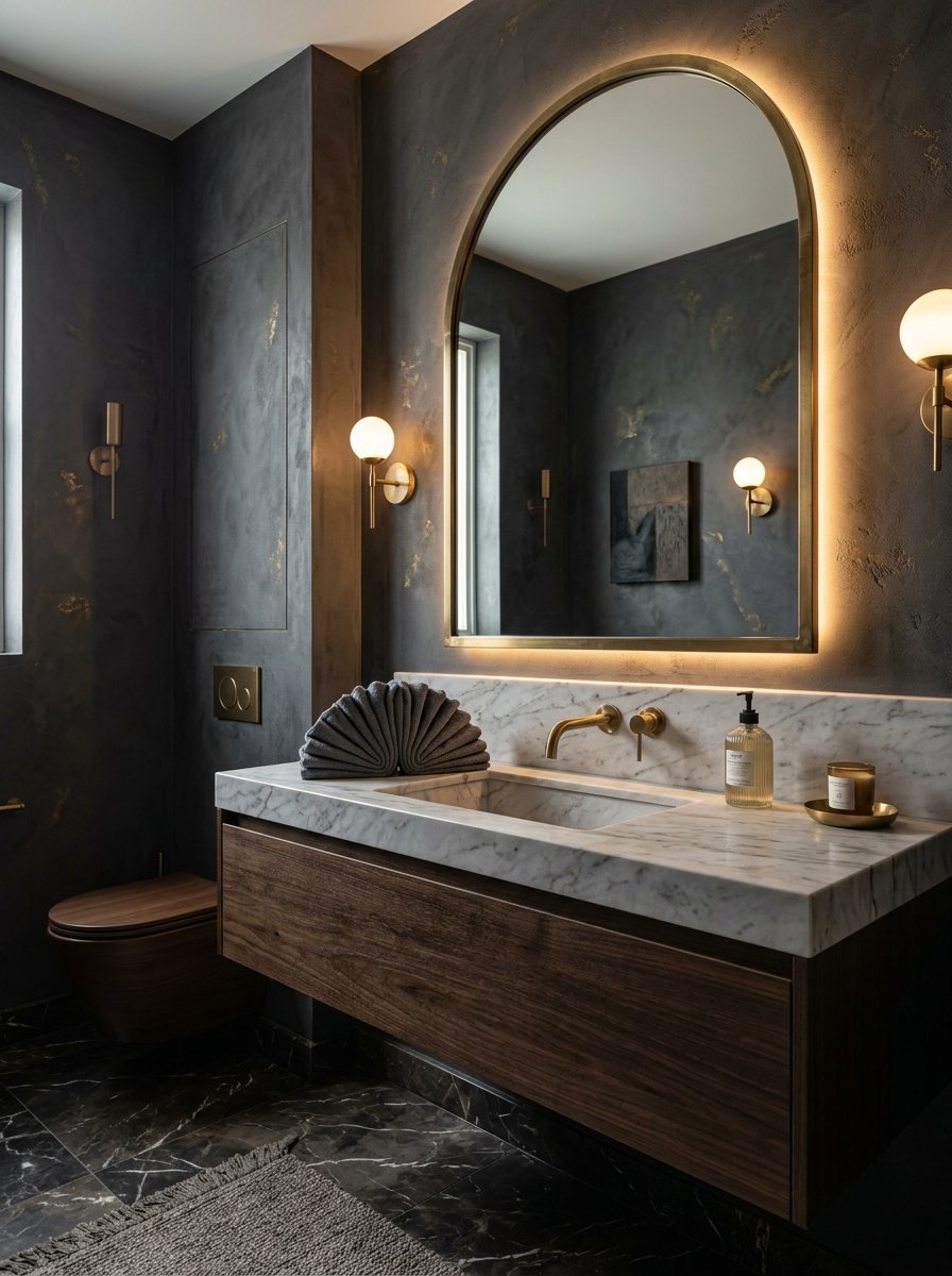Floating wood vanity with marble top, arched brass backlit mirror, and dark textured walls.