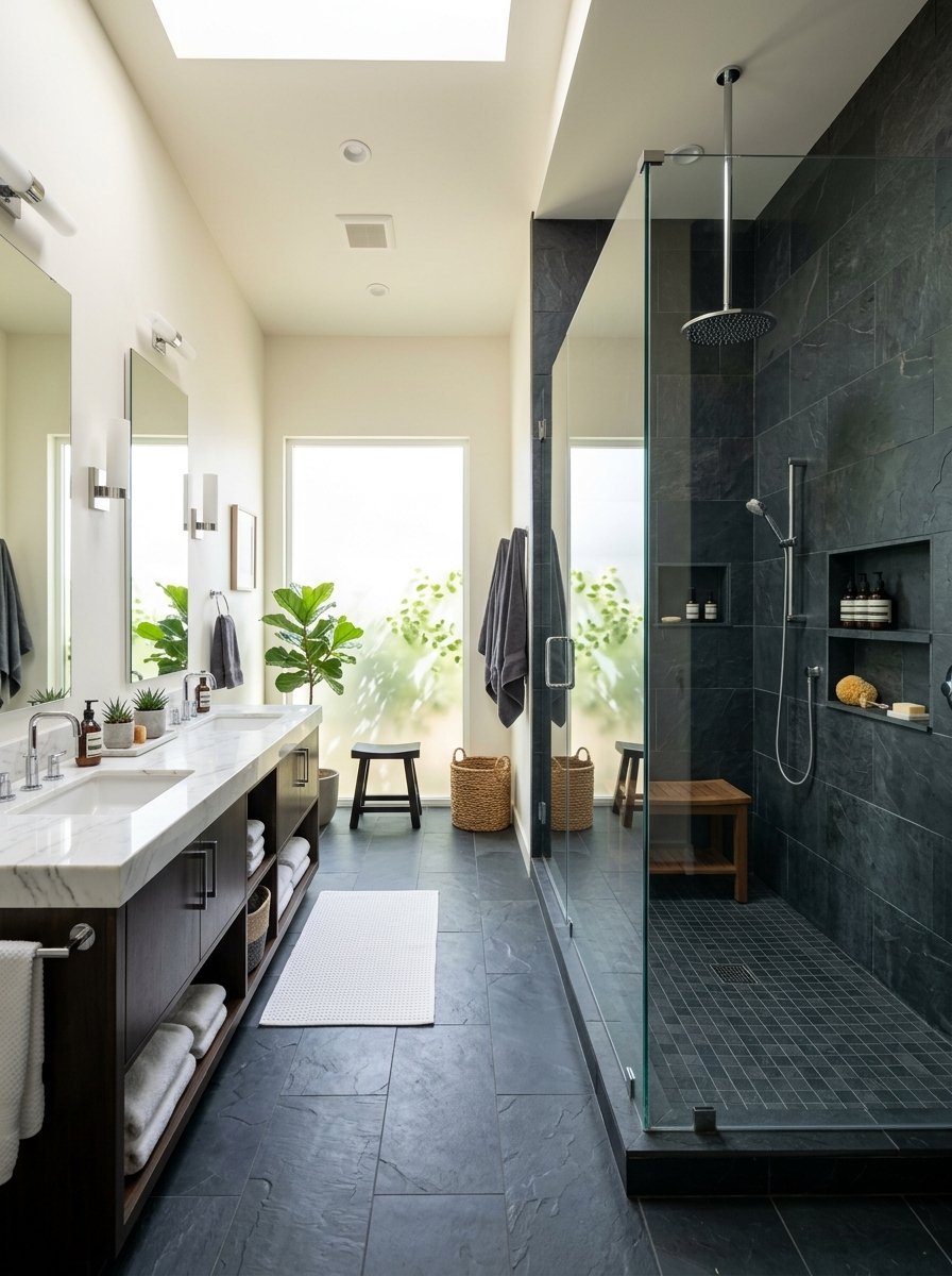 Spacious bathroom featuring a glass shower stall, dark stone floor, and a double vanity with marble countertops.