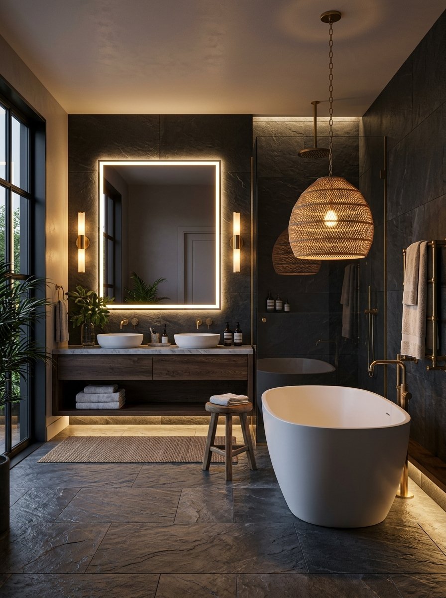 Contemporary bathroom with a freestanding white tub, double vanity, and a woven wicker pendant light.