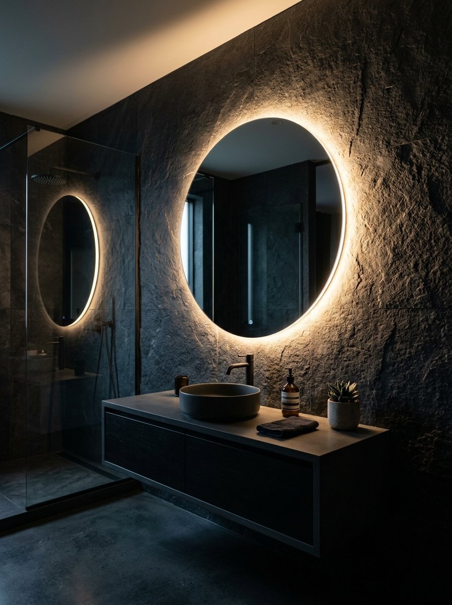 Round LED mirror hanging above a modern dark floating sink in a minimalist bathroom with black slate tile walls.