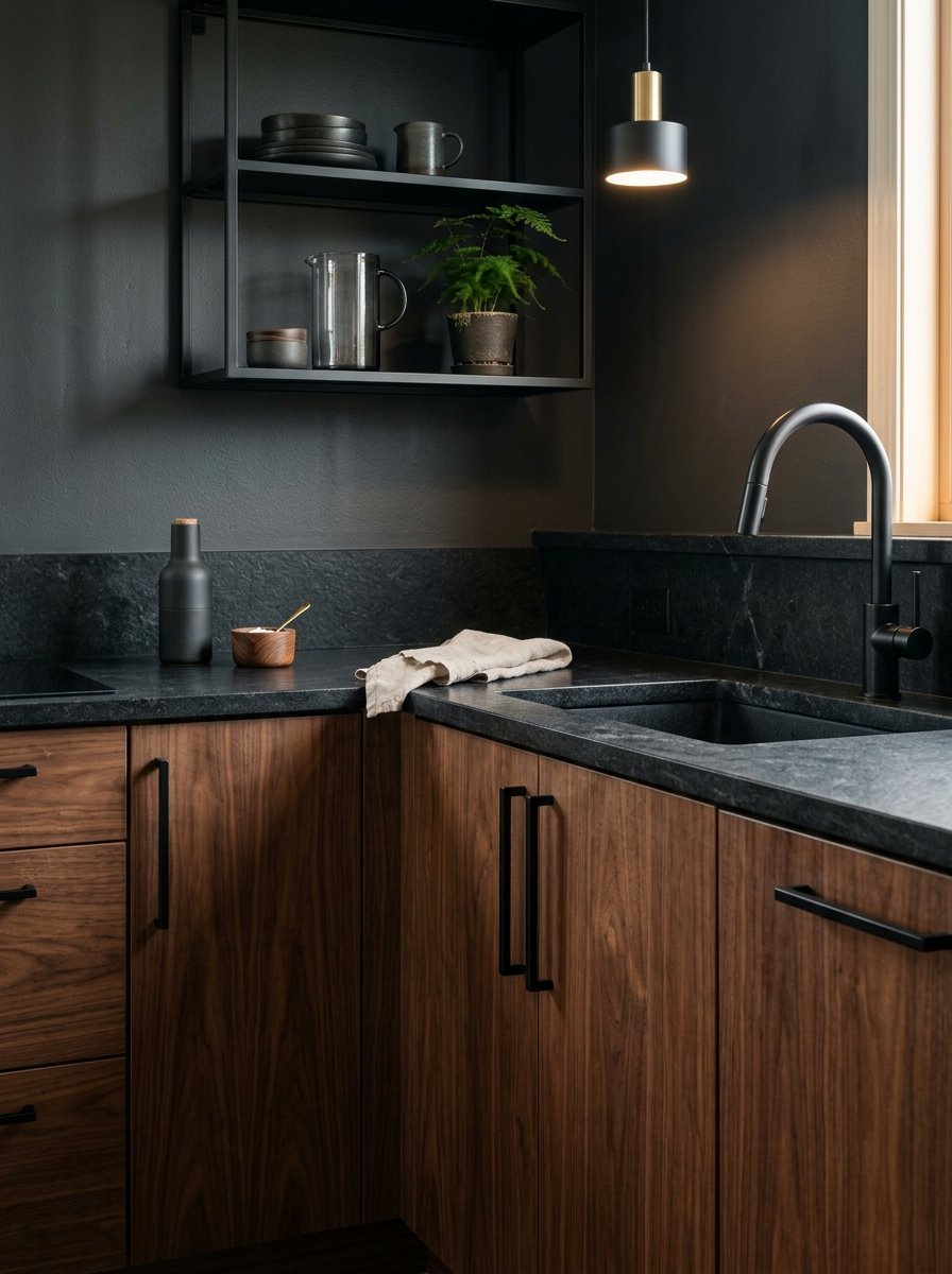 Contemporary kitchen with wood cabinets, black stone surfaces, and open shelving on a charcoal wall.