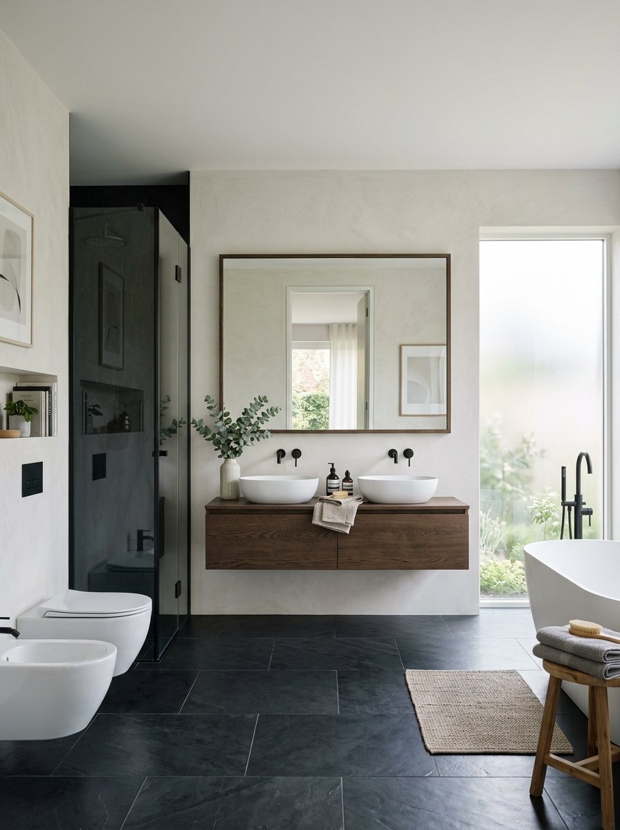 A sleek, modern bathroom featuring a floating wood vanity with dual white vessel sinks and black matte fixtures.