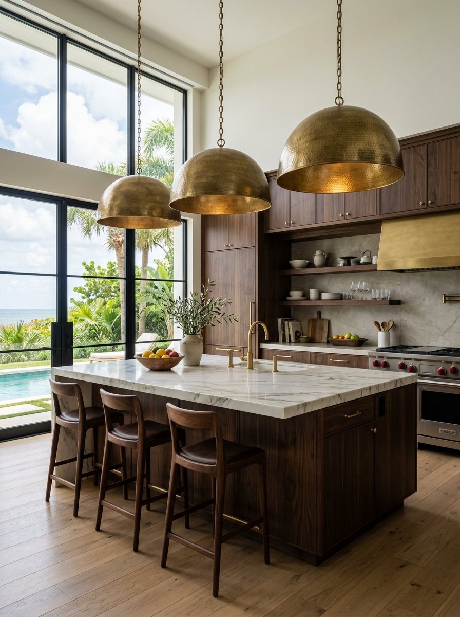 A wooden kitchen island with marble countertop features three large brass pendant lights and views of a swimming pool.