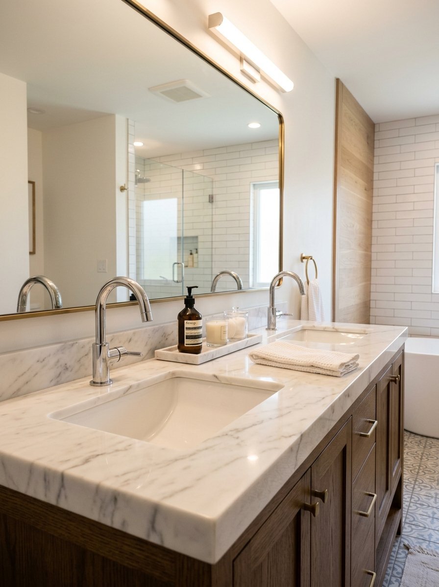 Close-up of a wooden double vanity with marble countertop, silver faucets, and a large mirror in a modern bathroom.