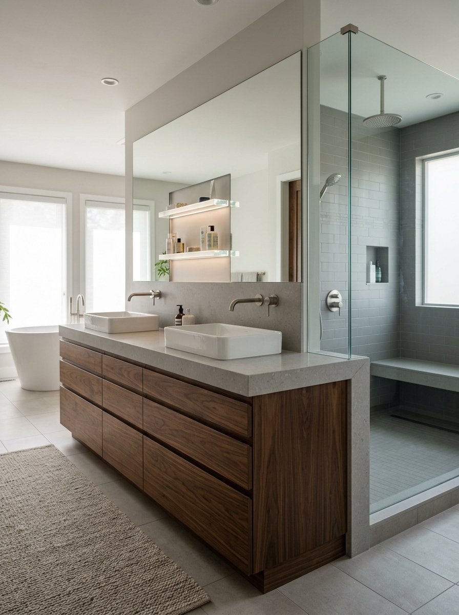 A sleek master bathroom featuring a dark wood double sink vanity and a glass-enclosed walk-in shower.