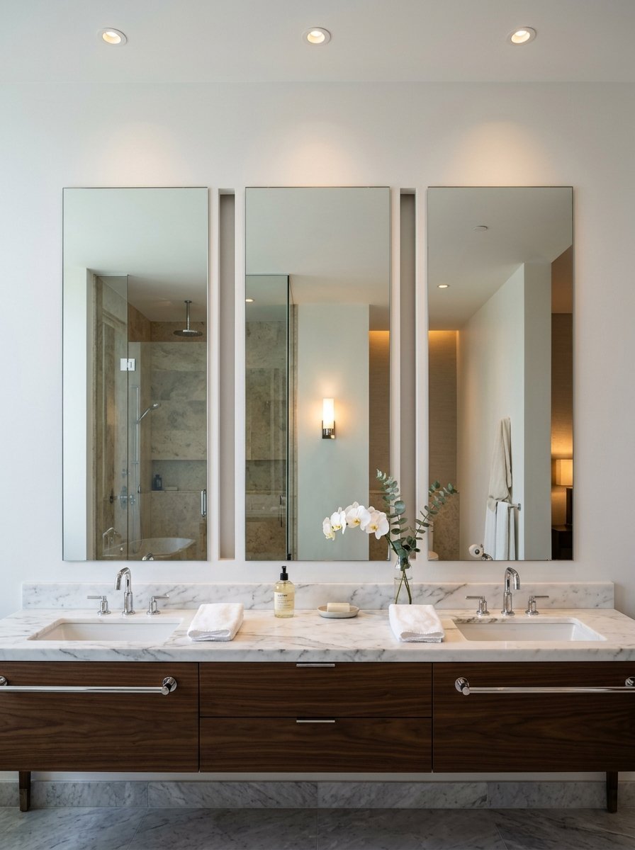 Modern bathroom with dual white sinks, marble countertop, wooden cabinets, and three tall rectangular wall mirrors.