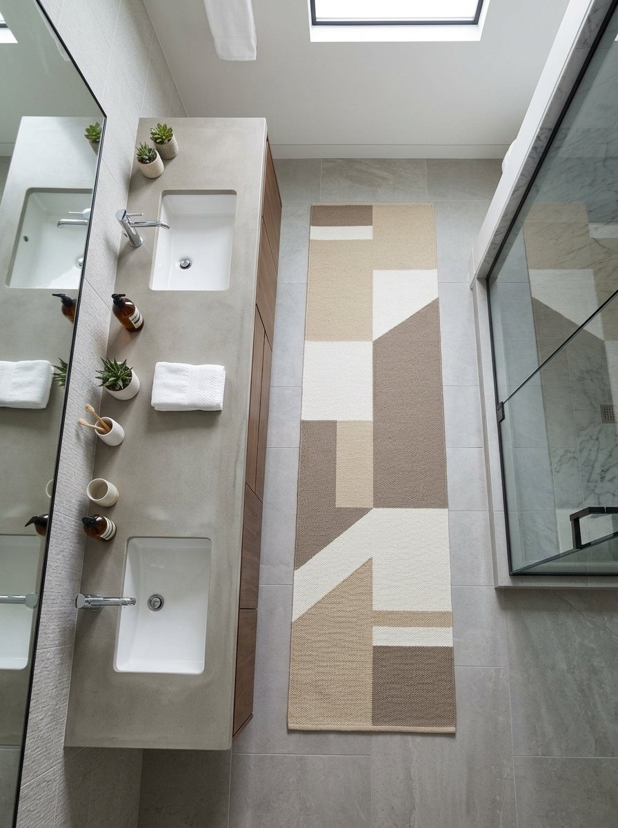 Top-down view of a double vanity, concrete countertop, and a long geometric runner rug on a grey tiled floor.