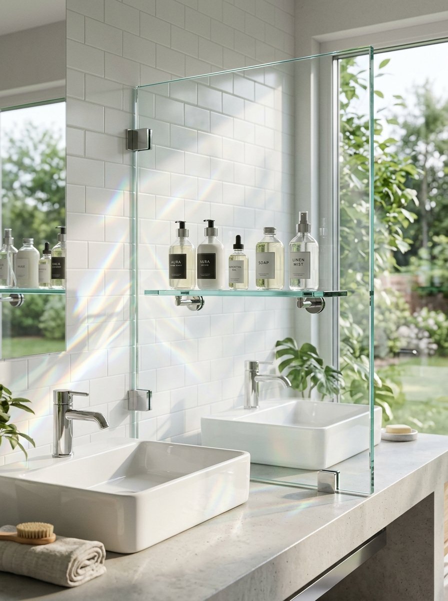 Bright bathroom with dual white vessel sinks, glass partition, and labeled toiletries on a shelf.