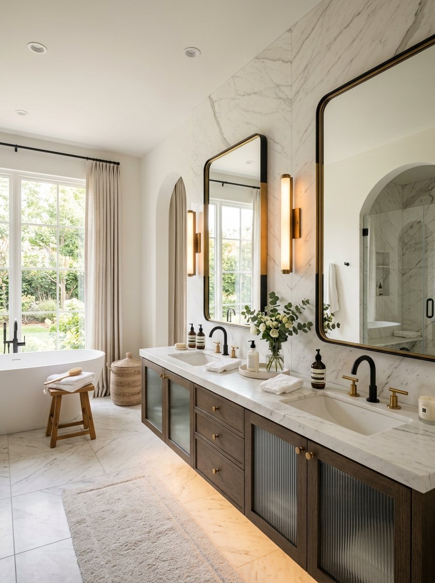 Modern bathroom with a wood double vanity, marble wall, arched mirrors, and a soaking tub by a window.