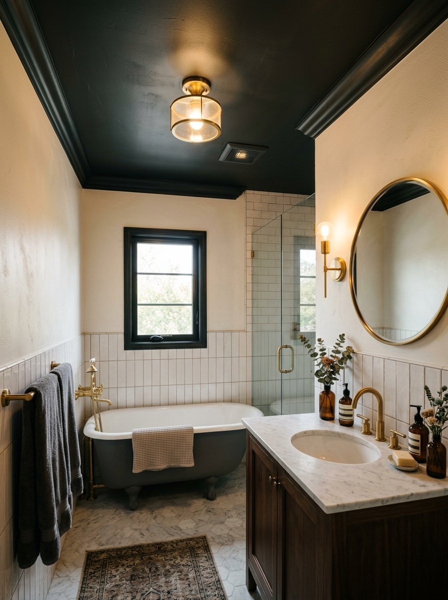 A bathroom featuring a dark clawfoot tub, gold hardware, marble vanity, and a black painted ceiling.