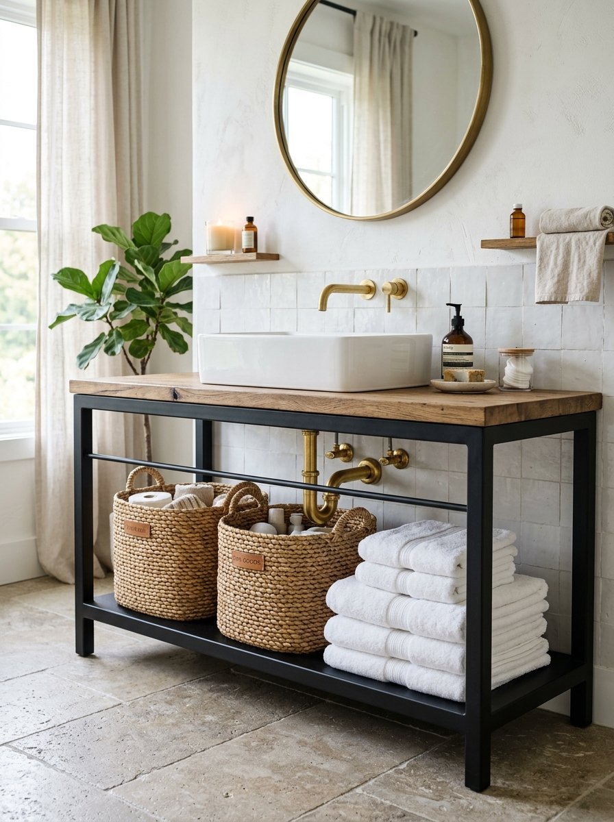 Bathroom vanity with a white vessel sink, woven storage baskets, and a stack of clean white towels on black metal shelves.