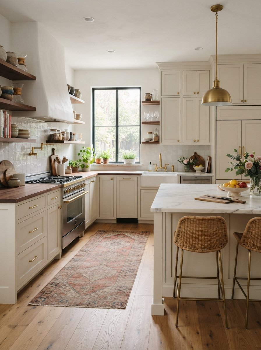 A bright kitchen with cream cabinets, open wood shelving, a marble island, and a vintage style runner rug.