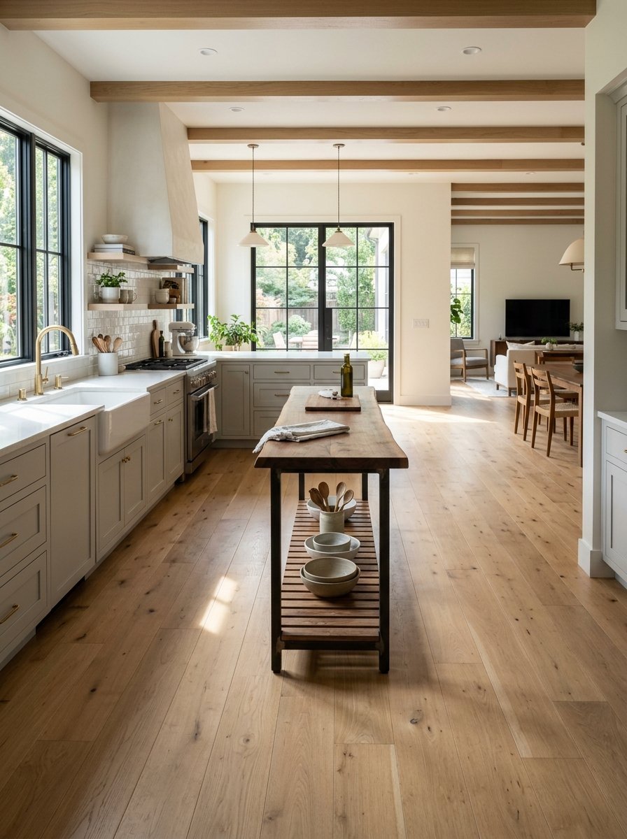 A narrow wooden kitchen island with slatted shelf storage centered in a bright kitchen with hardwood flooring.