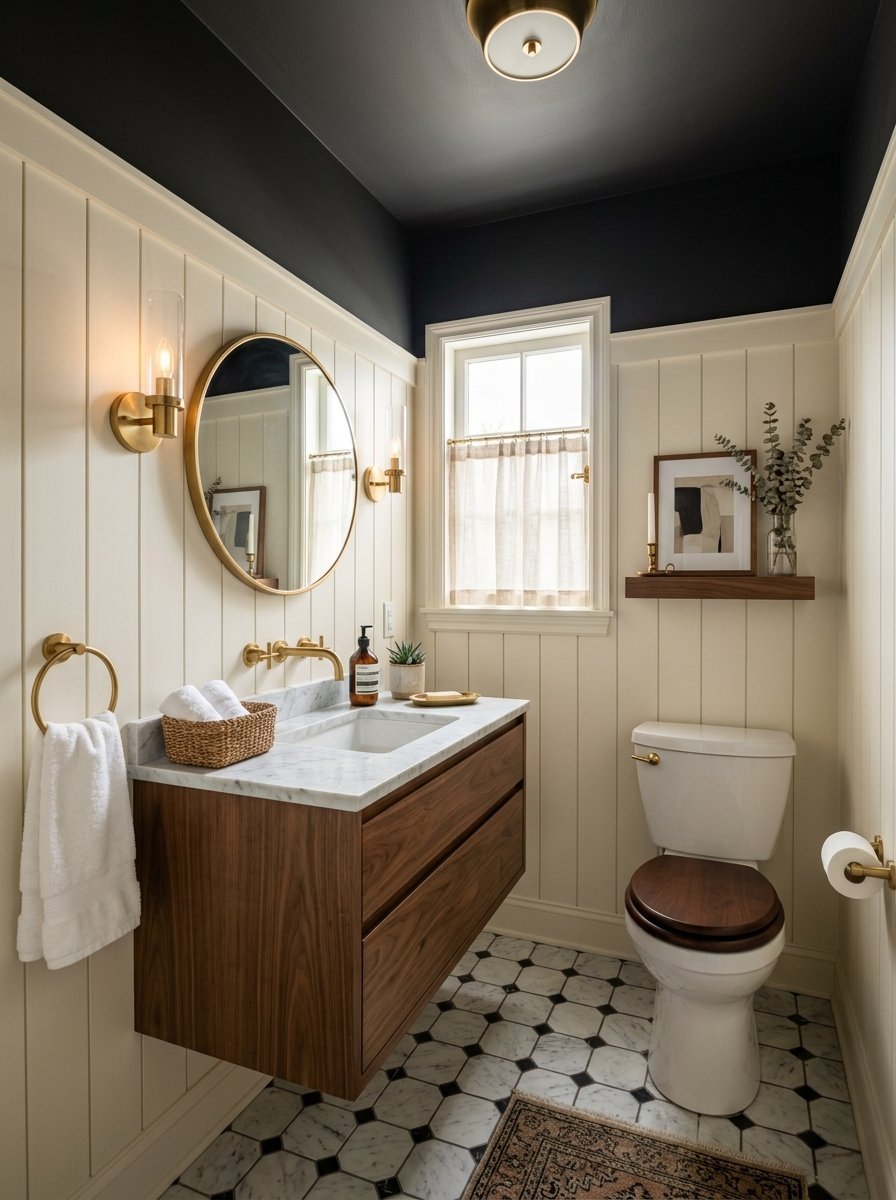 Floating walnut vanity in a small bathroom with shiplap walls and a marble hexagonal tile floor.