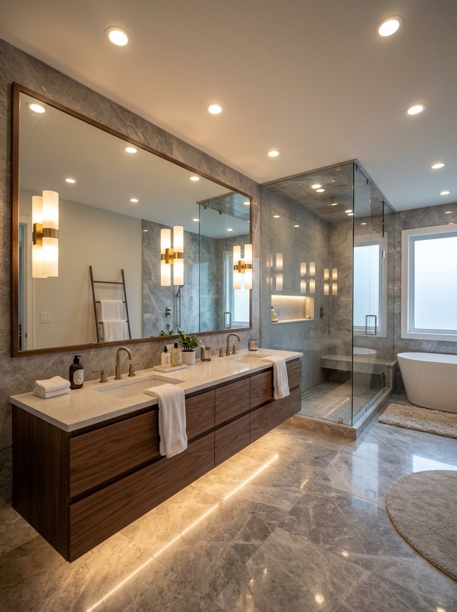 Contemporary bathroom with marble floors, wall-mounted wood vanity, glass shower, and freestanding soaking tub.