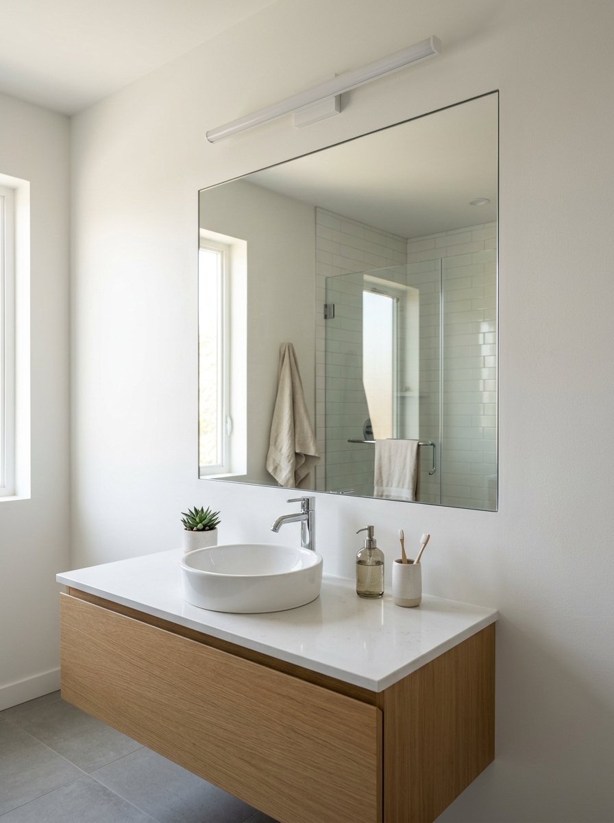 A sleek wall-mounted oak vanity cabinet features a white circular sink basin and a large frameless mirror above.