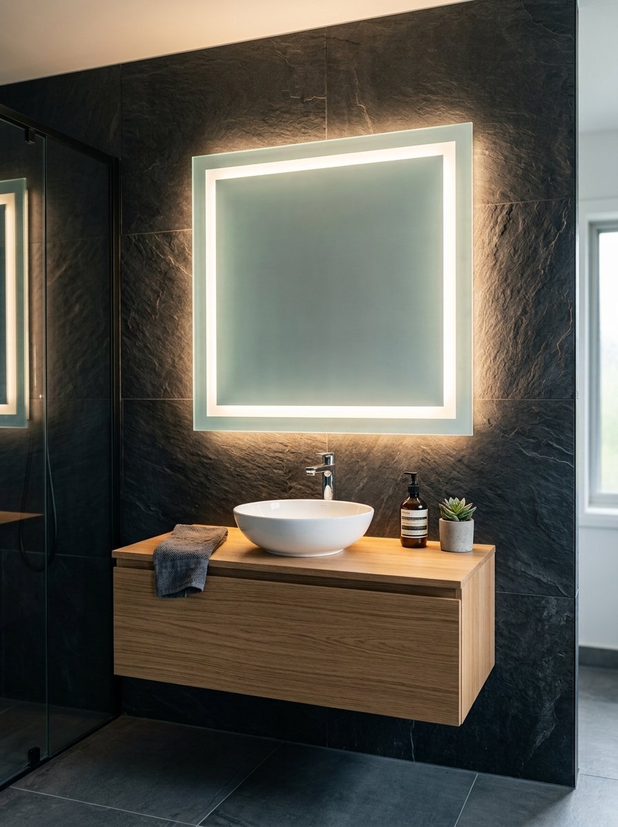 A white vessel sink sits on a wooden floating vanity against a black slate wall with a square LED-backlit mirror.