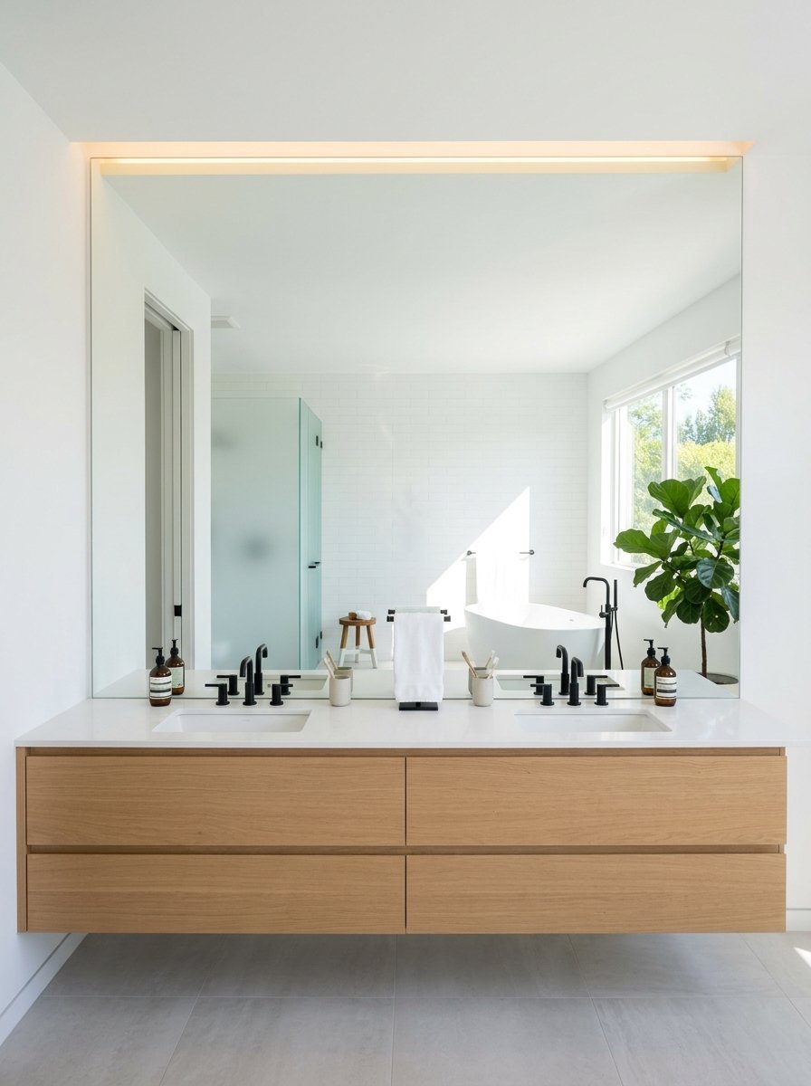 Floating oak bathroom vanity with two sinks reflected in a wide mirror above a bright sunlit room.