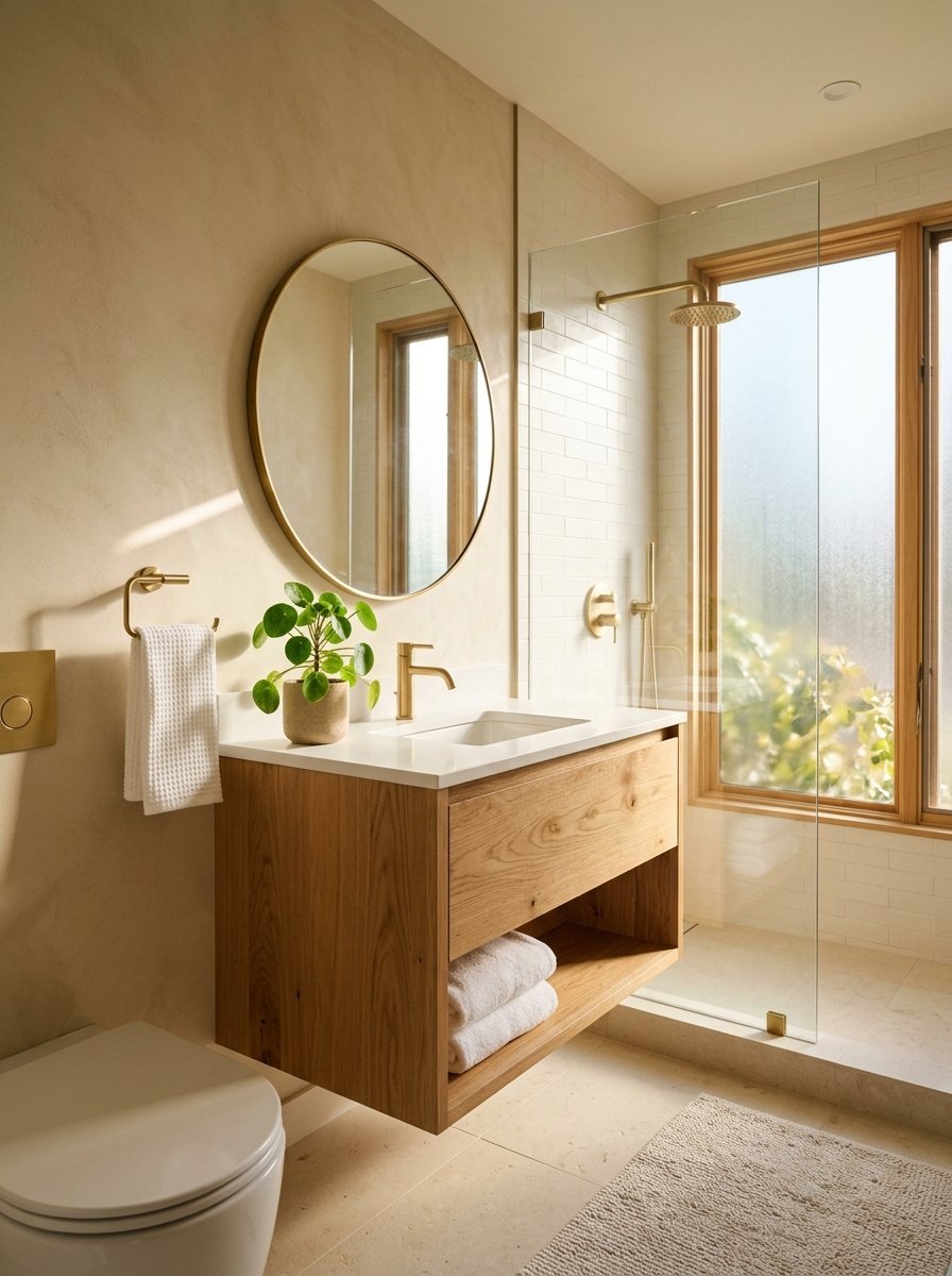 A wooden floating vanity with white sink, round mirror, and a glass-enclosed shower in a sunlit room.