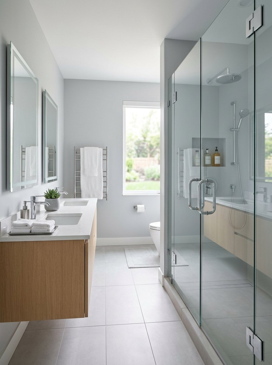 Modern bathroom featuring a light oak floating vanity, double sinks, and a large walk-in glass shower.