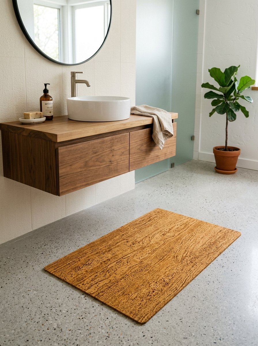 Modern bathroom interior featuring a floating wood vanity, white vessel sink, and a textured natural cork floor mat.