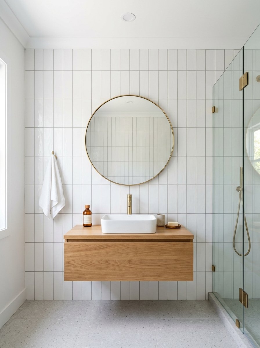 A white tiled wall with a round mirror above a wooden floating sink cabinet and glass shower enclosure.