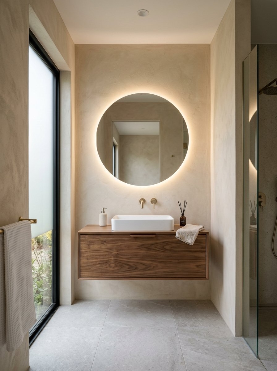 A modern bathroom vanity made of walnut wood with a white sink and backlit round mirror.