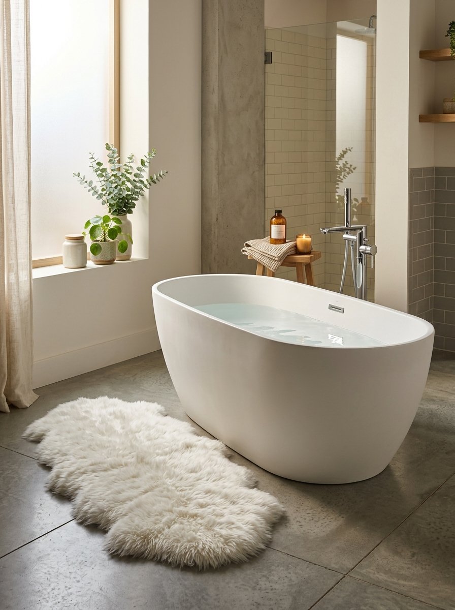 White freestanding tub on a concrete floor with a fuzzy rug, plants, and a candle nearby.