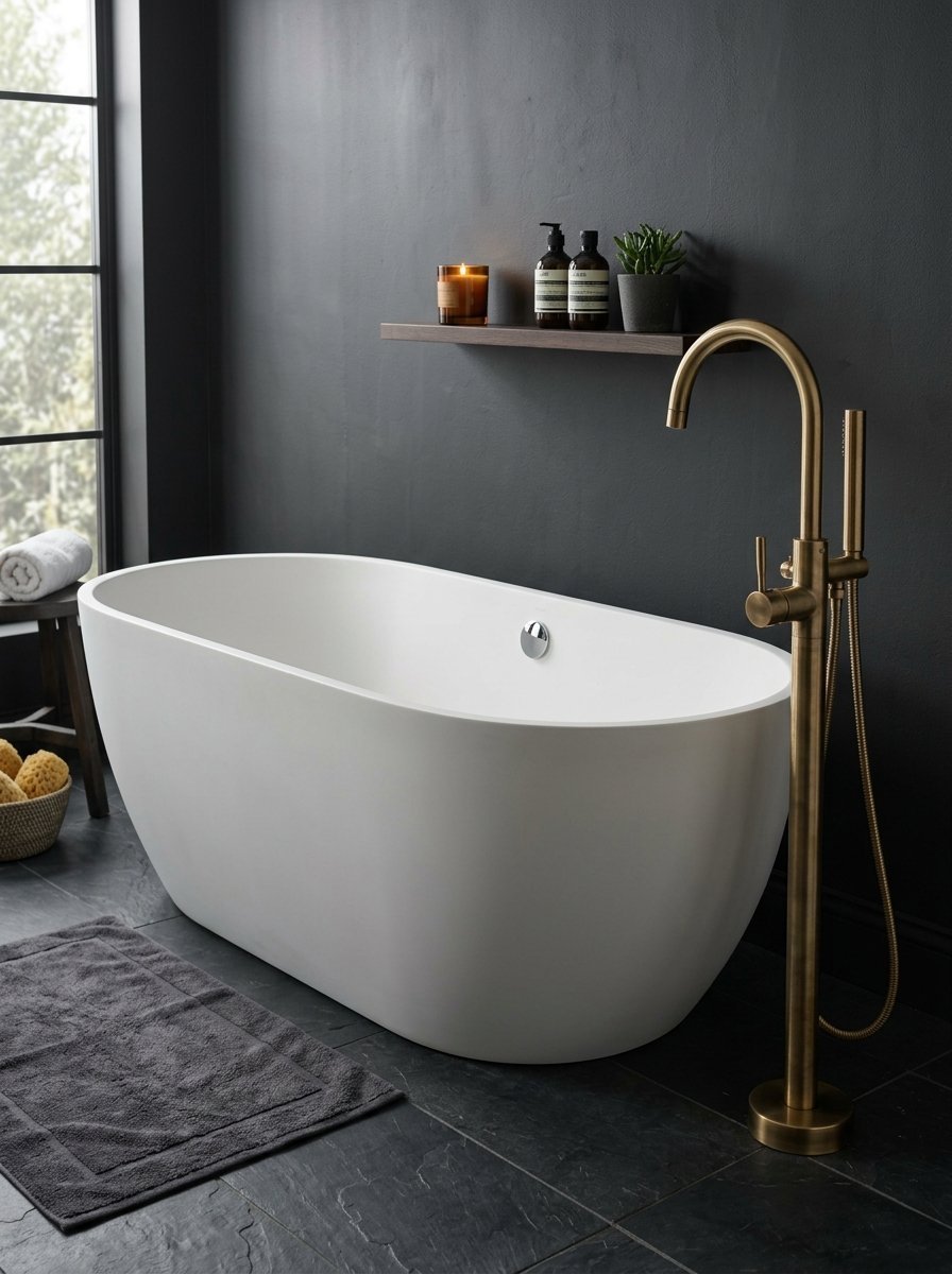Freestanding white bathtub with a tall brass faucet set against a dark grey wall in a modern bathroom.