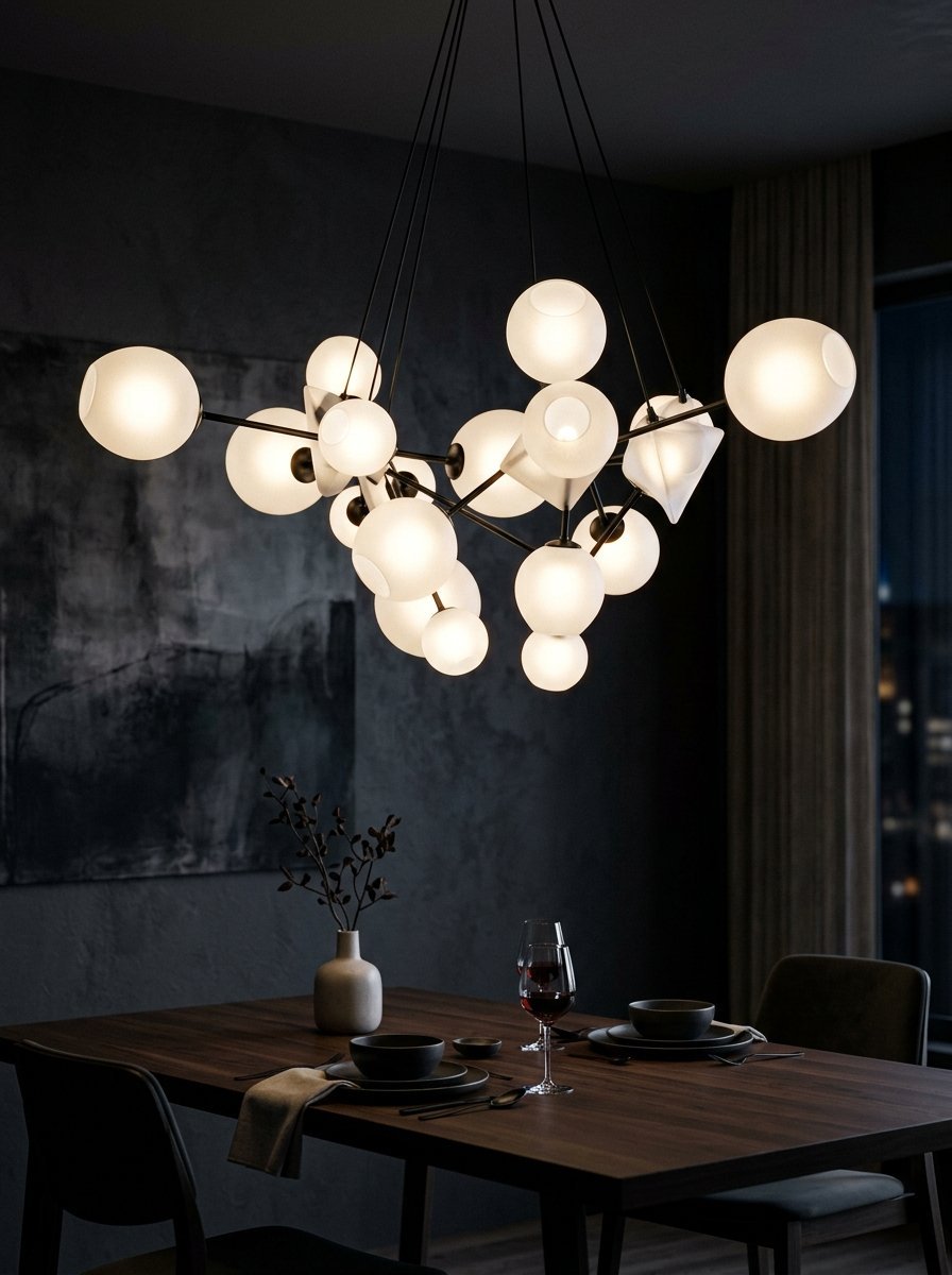 Close-up of a multi-light globe chandelier hanging over a dining table with dark interior decor.