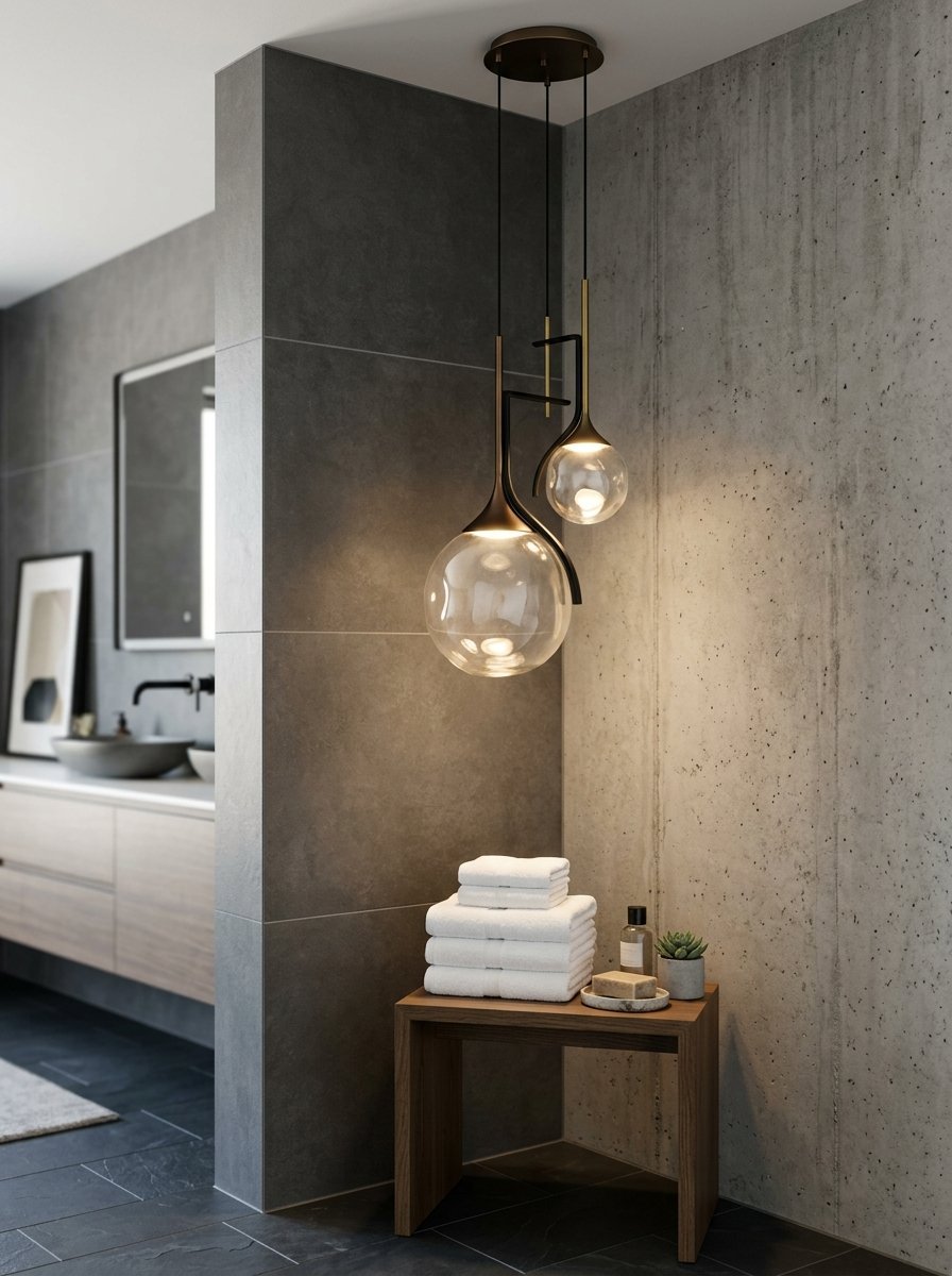 A two-tiered glass globe pendant light hanging above a small wooden table with folded white towels.