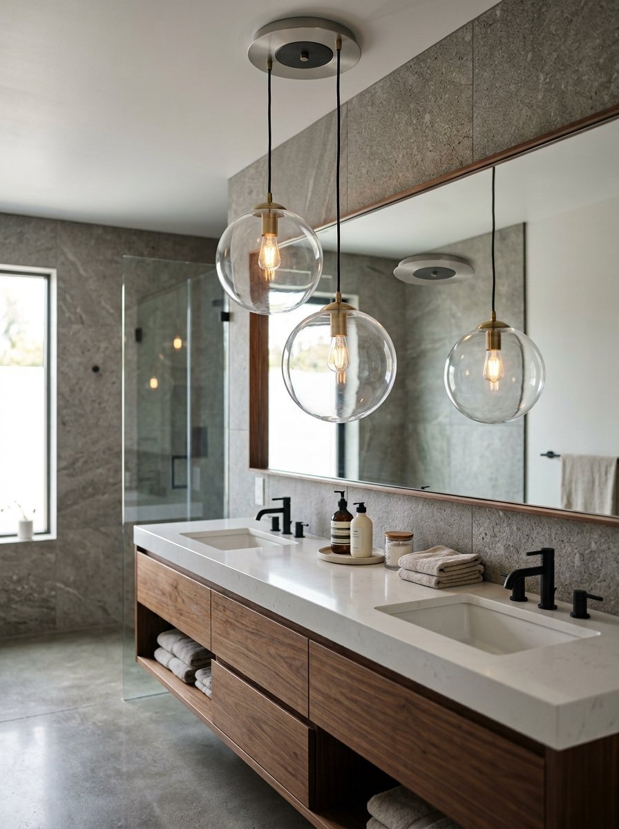 A modern bathroom vanity featuring wood cabinetry, stone walls, and three round clear glass pendant lights.