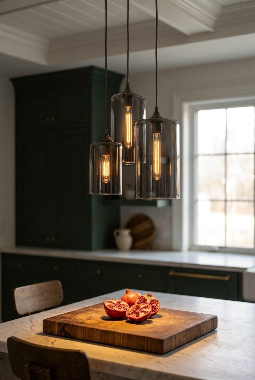 Close-up of cut pomegranates on a wooden cutting board with glowing glass light fixtures hanging above in a kitchen.