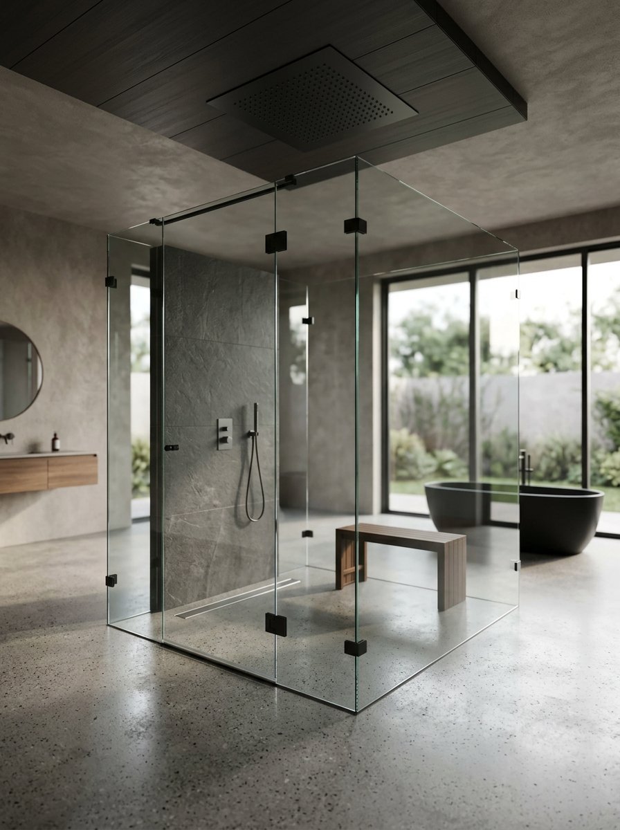 A frameless glass shower enclosure featuring a dark stone wall and wooden seat in a contemporary spa-style bathroom.