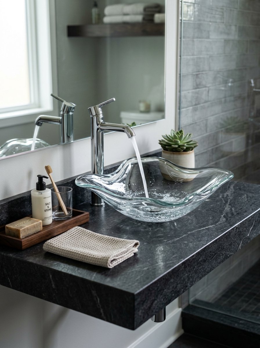 Water flows from a chrome faucet into a uniquely shaped clear glass vessel sink on a dark marble countertop.
