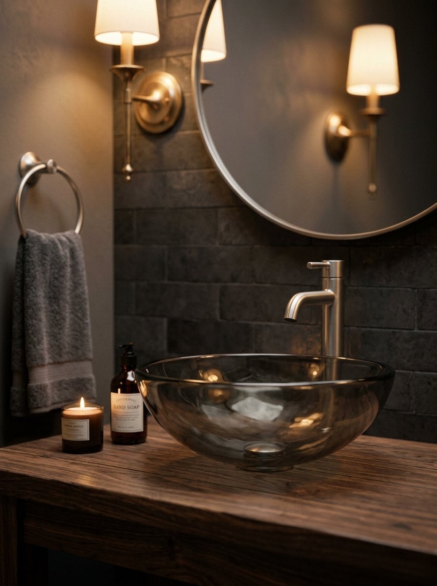 Round dark glass sink basin sitting on a wooden countertop with candle and hand soap.