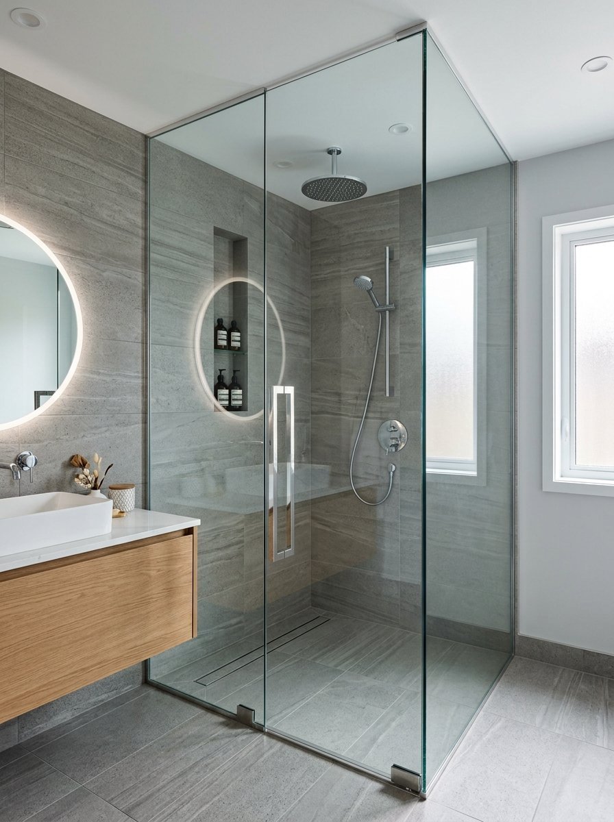 A sleek modern shower with grey stone tiles, rainfall showerhead, and a floating wood vanity beside it.