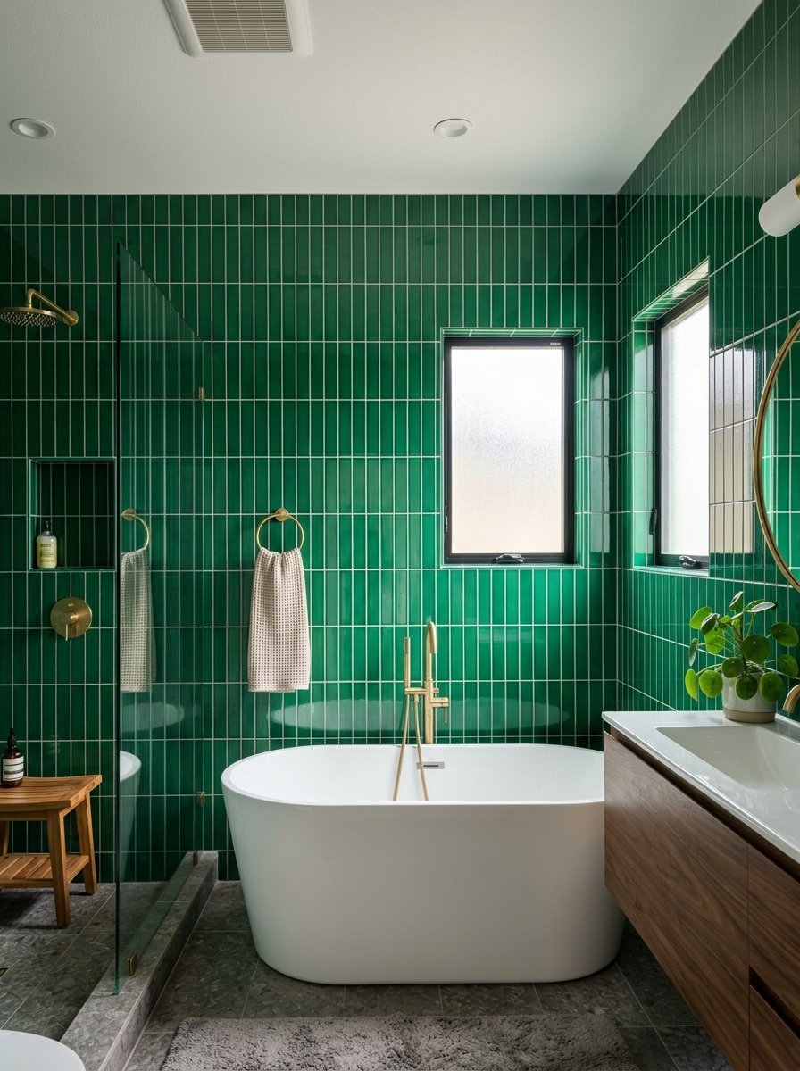 Modern bathroom with deep green vertical tiles, white freestanding bathtub, and gold hardware accents.