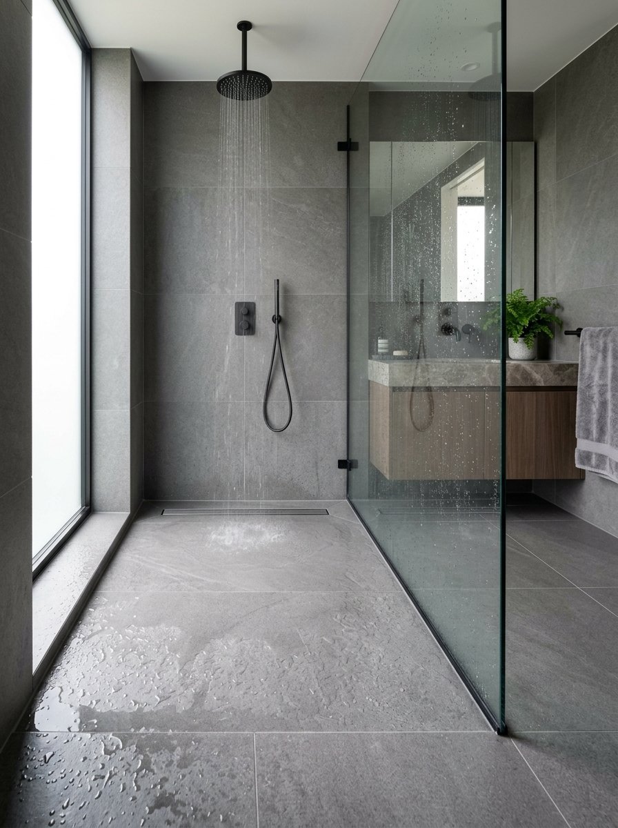 A wet modern shower area featuring large grey tiles and a clear glass panel divider.