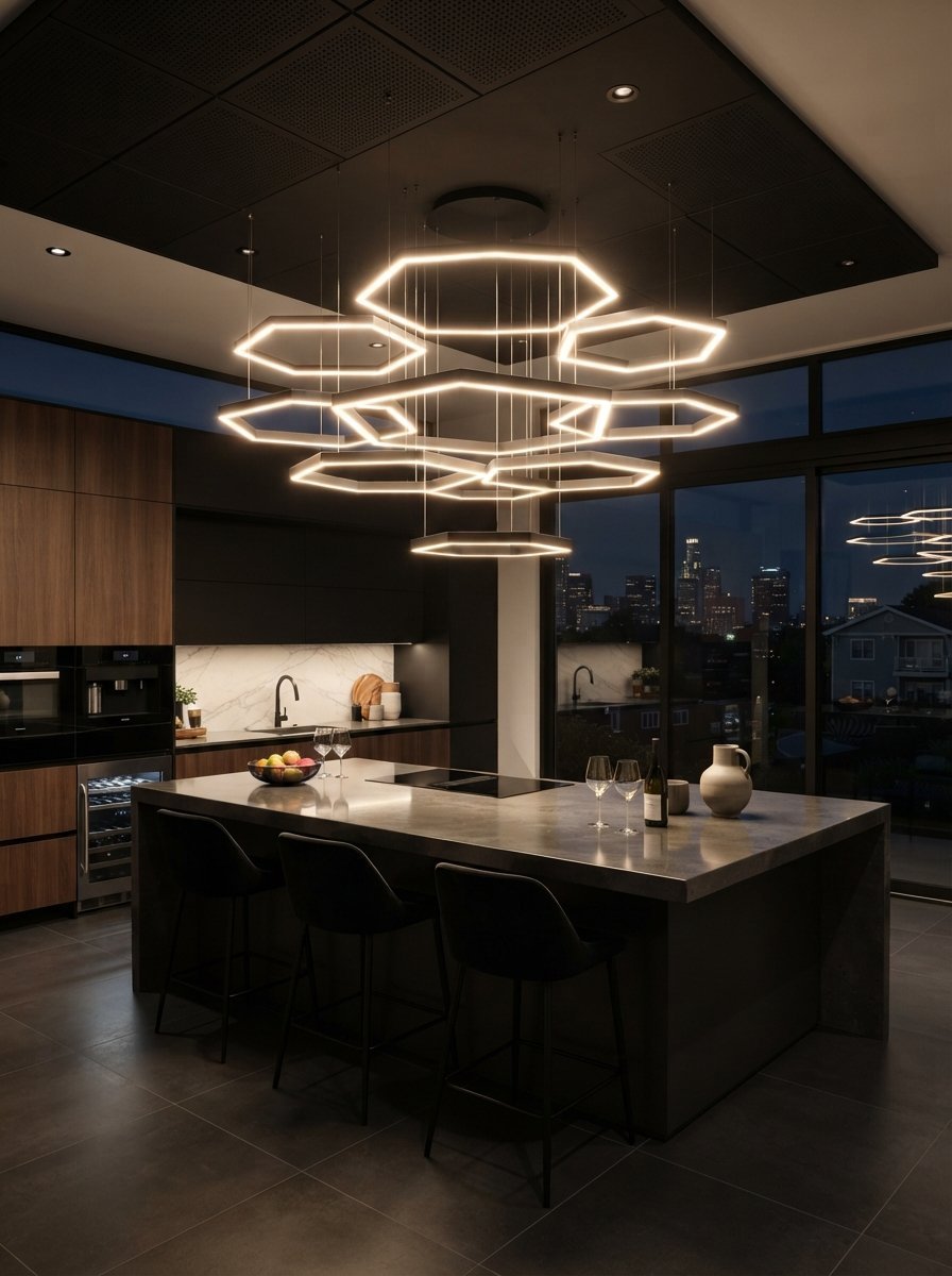 Modern kitchen island with bar stools under a geometric LED light fixture at night.