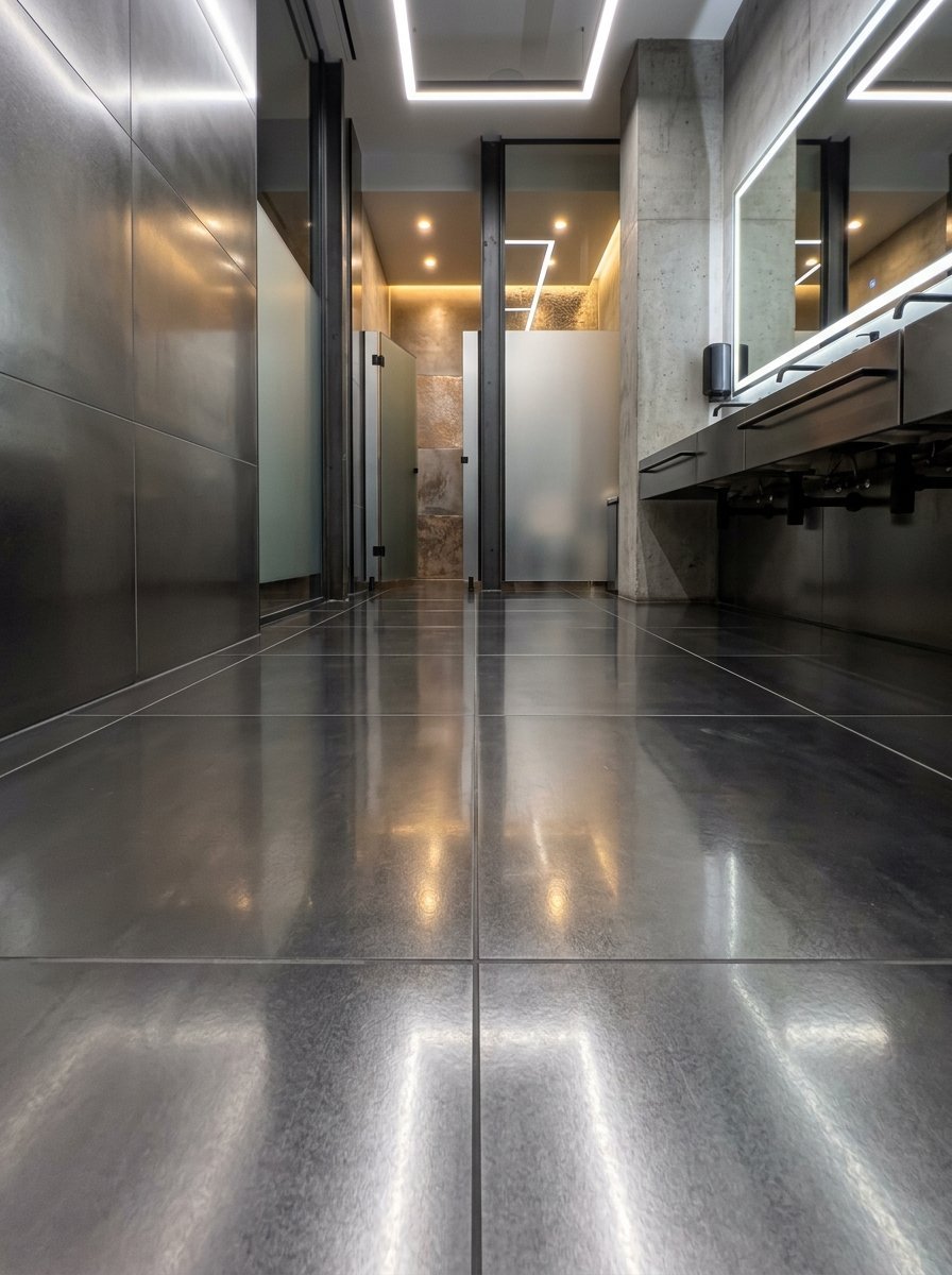 Low angle view of a modern bathroom with reflective gray tiles and illuminated frosted glass stalls.