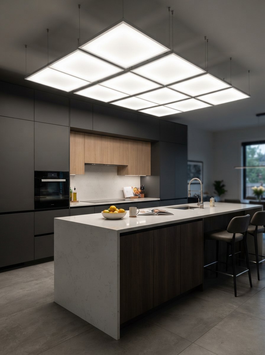 Contemporary kitchen featuring a white marble island, dark cabinetry, and a grid of square glowing pendant lights.