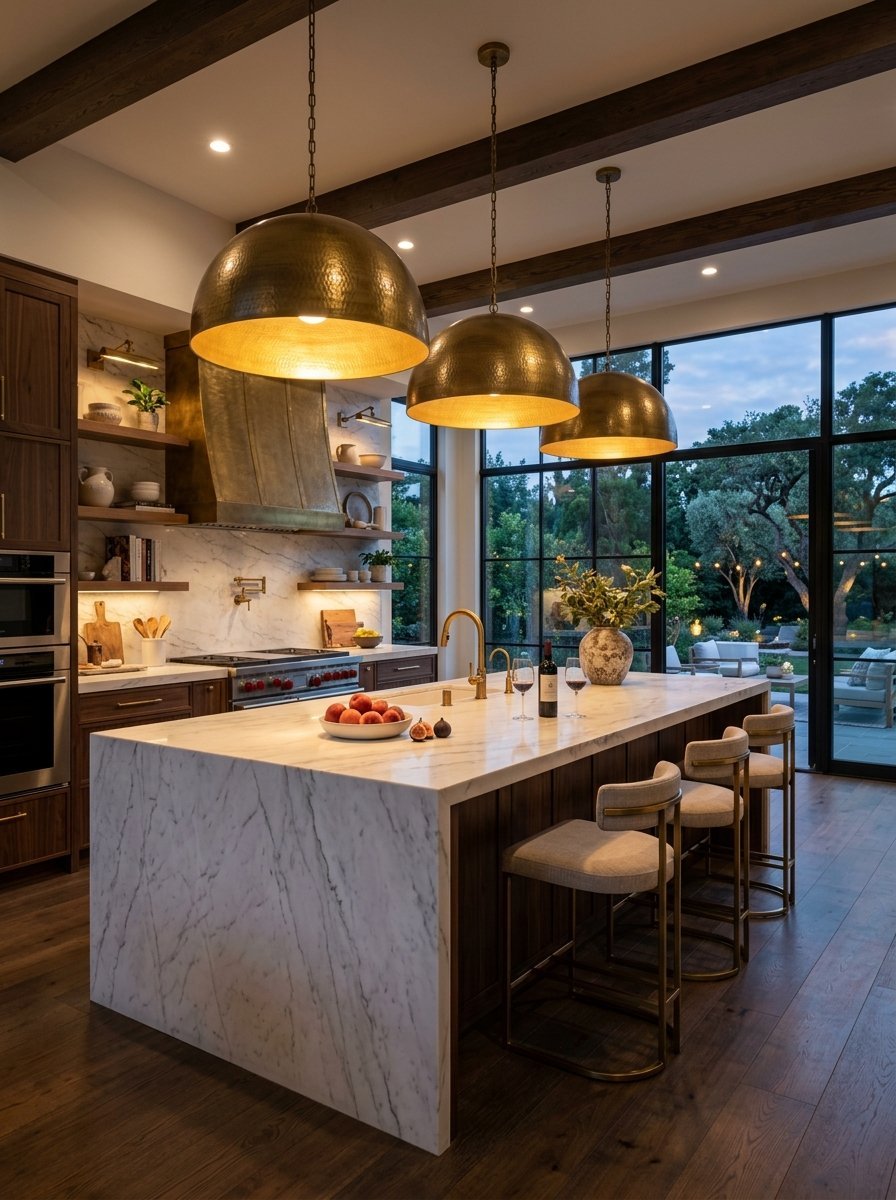 A luxury kitchen with three brass dome pendant lights hanging above a marble island with bar stools.