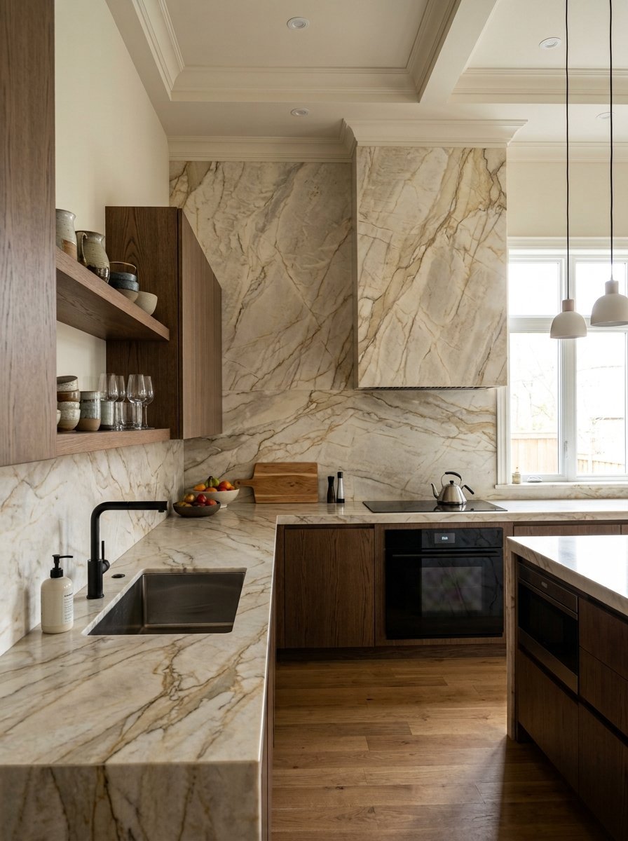A kitchen with dark wood cabinetry, marble stone countertops, and a full-height marble slab backsplash and hood.