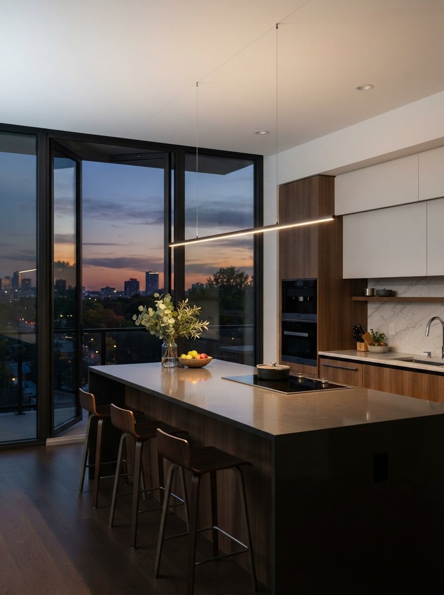 Modern apartment kitchen at dusk featuring a long island, bar stools, and a view of the city skyline.