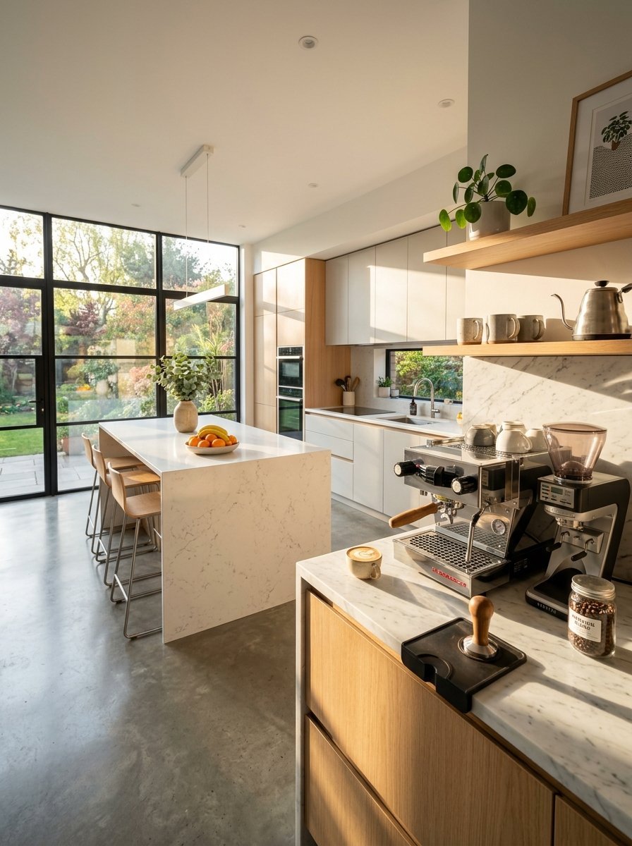 Modern kitchen with concrete floors, white marble island, and a professional espresso machine on a wooden counter.