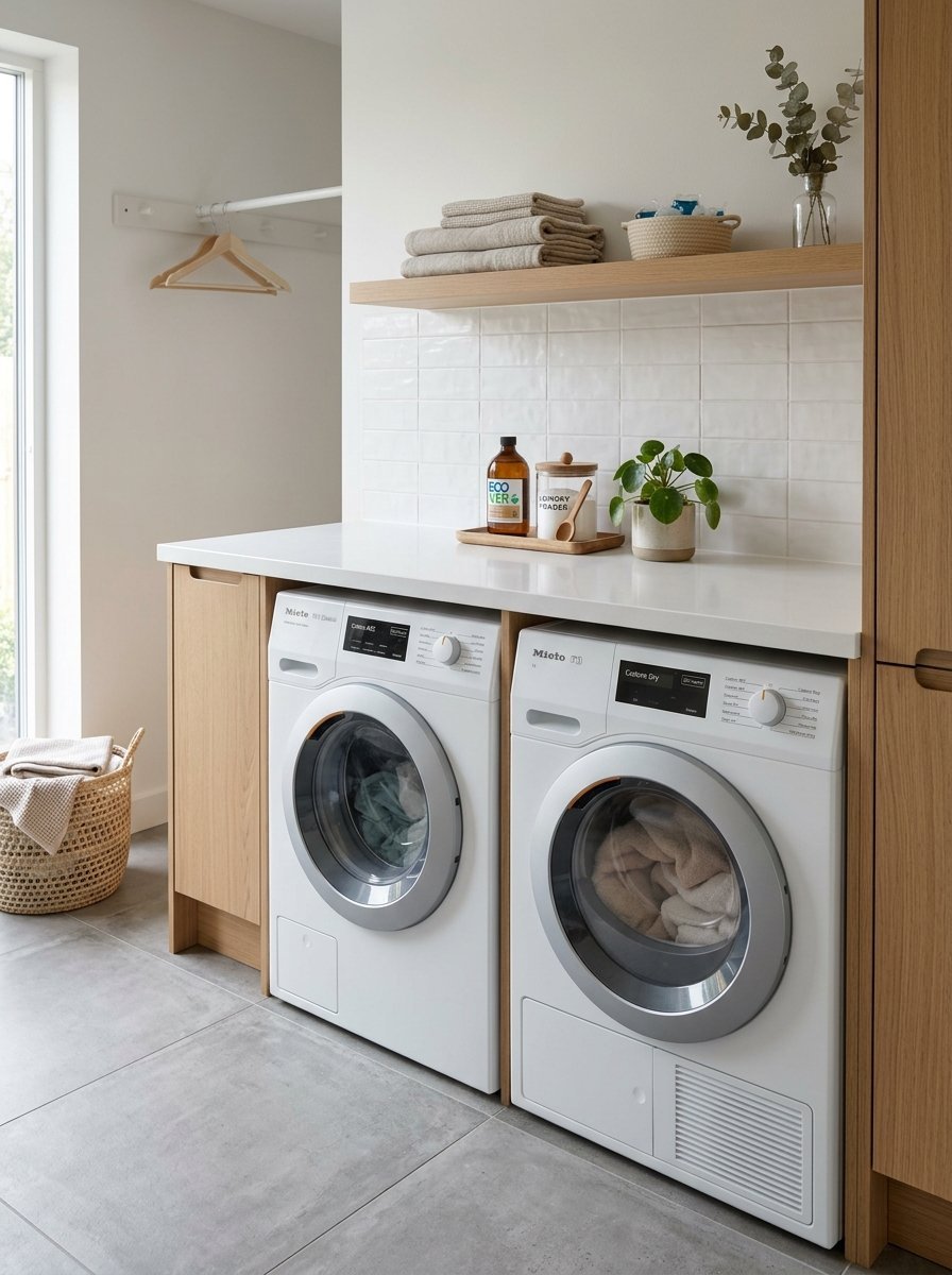 A laundry room featuring a washer and dryer under a white countertop with folded towels and a plant.