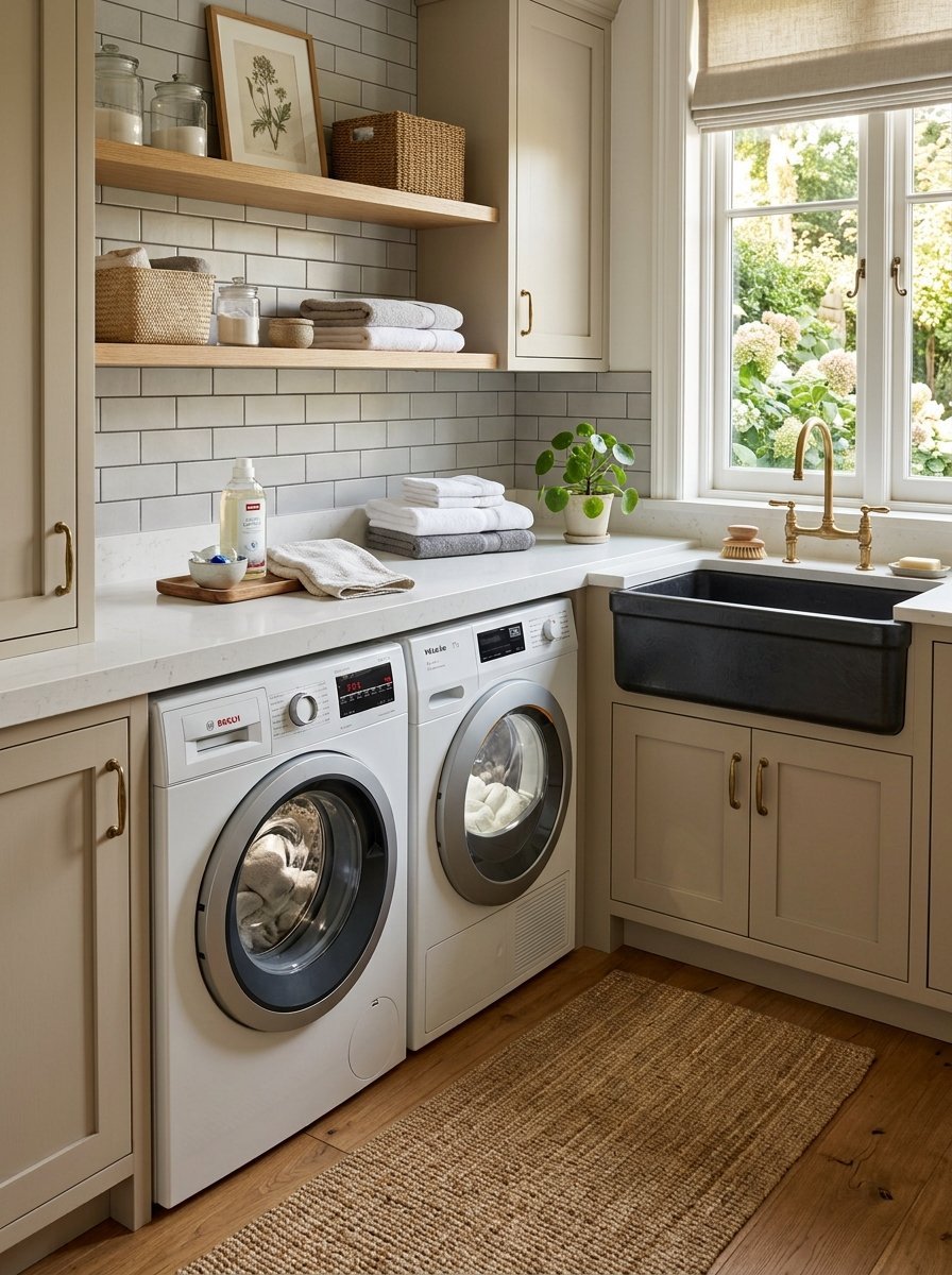 Bright utility room featuring side-by-side laundry machines, wooden floating shelves, and a black apron-front sink.
