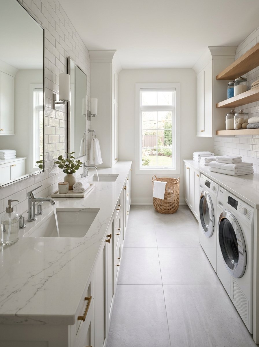 A long laundry room with a double sink vanity, front load washers, and white subway tile walls.